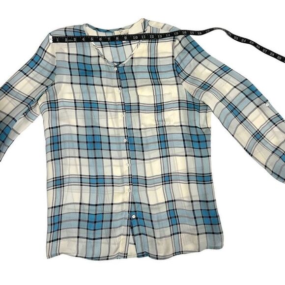 Joie Silk Shirt Medium Multi Color Plaid Buttons Up Roll Tab Sleeves - Picture 13 of 15